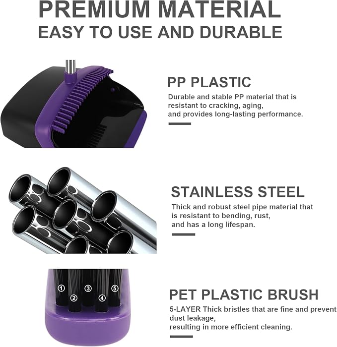 Purple Broom and Dustpan Combo Set, 55" Long Handle Broom | Large Area Outdoor Cleaning, Extended Reach Design, Built-in Comb Dustpan, Foldable Storage for Garage, Patio & Home - Image 4