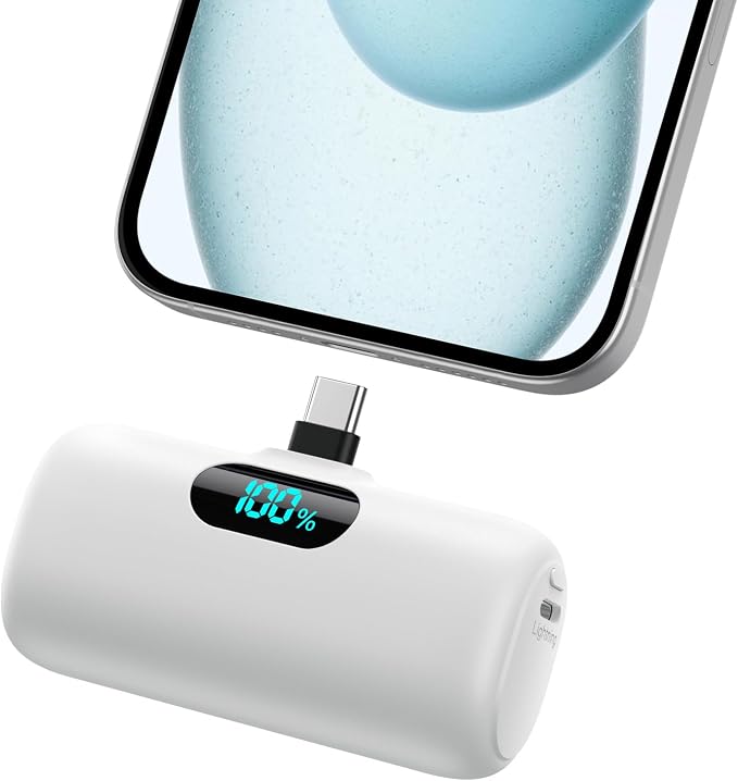 Mini Portable Charger USB C Power Bank,5500mAh PD Fast Charging Battery Pack Built-in USB-C Connector Travel Essential for iPhone17/17Pro/17Pro Max/Air/16 Plus/16Pro Max/15 Series,Android White by HETP