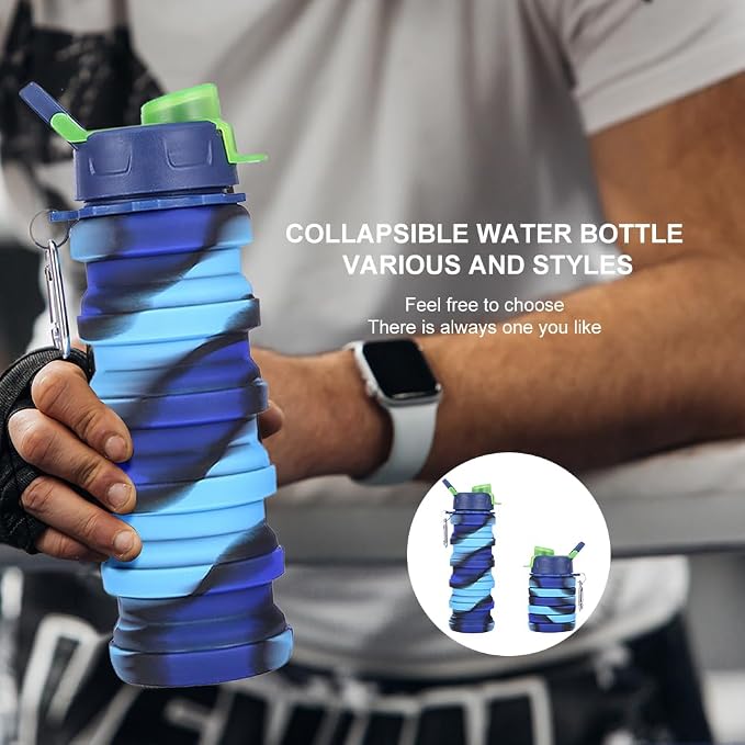 Silicone Collapsible Water Bottles, 16oz 500ml Portable Foldable Expandable Water Bottle Sports Cups, Leak Proof Reusable BPA Free, for Outdoor Activities Travel (Blue-B) - Image 4