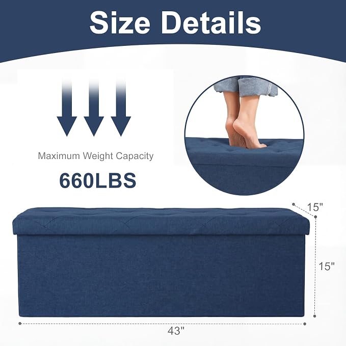 DUMOS 43 Inch Folding Storage Ottoman Bench, Large Ottoman with Storage | Storage Chest with Thicker Foam Padded Seat, End of Bed Foot Rest Stool for Bedroom Living Room Entryway, Load 660 lbs, Blue - Image 3