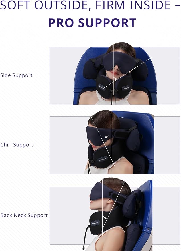 Travel Pillow, Neck Pillow Airplane for Long Flight Sleeping | Soft Supportive Foam, Head Pillow 3D Eye Mask & Seat Strap for 360°Support Head, Neck & Chin Travel Essentials Aqua & Purple - Image 4