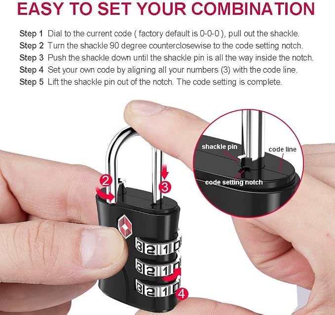ZHEGE TSA Luggage Lock for Train 4 Pack, 1 Cable (30 Inch) (Black) | Travel Lock for Backpack, Suitcase, School Gym Locker - Image 7