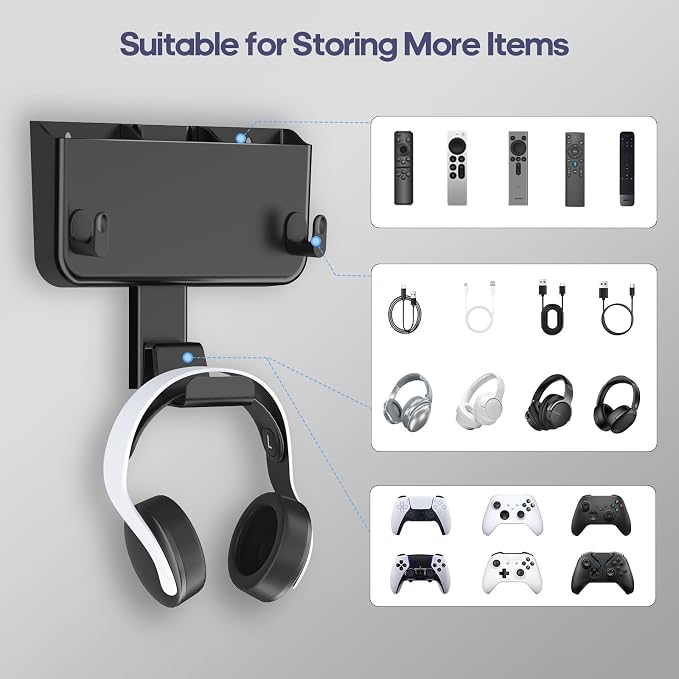 Kytok Adhesive Remote Control Holder Wall Mount with Headset Hanger, 3 in 1 Organizer TV/Fan Remote Caddy with Hook for Headphone, No Drill Controller Storage Bracket, Bed Wall Rack - Image 4