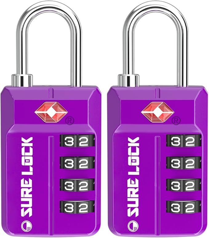 SURE LOCK TSA-Approved 4-Digit Resettable Combination Lock with Open Alert, Easy-Read Dials - for Luggage, School Lockers, Gym, Office, Toolbox & Security Cases (Dark Purple 2 Locks) by Hopeyoucanstaysafe
