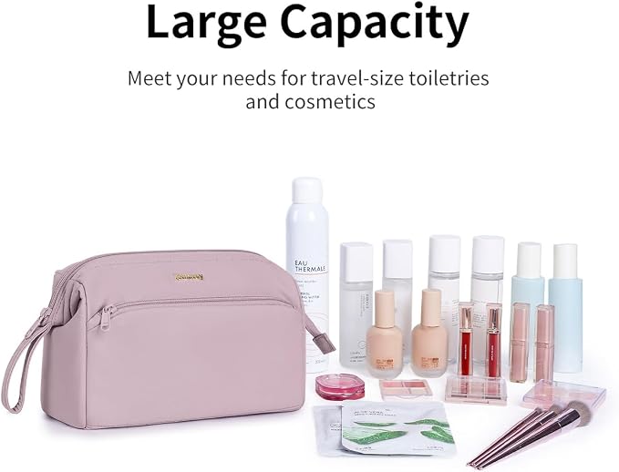 Narwey Large Travel Makeup Bag For Women Girls, Wide Open Cosmetic Bag, Portable Toiletry Bag for Cosmetics, Toiletries, Skincare, Brushes (Dusty Pink) - Image 5
