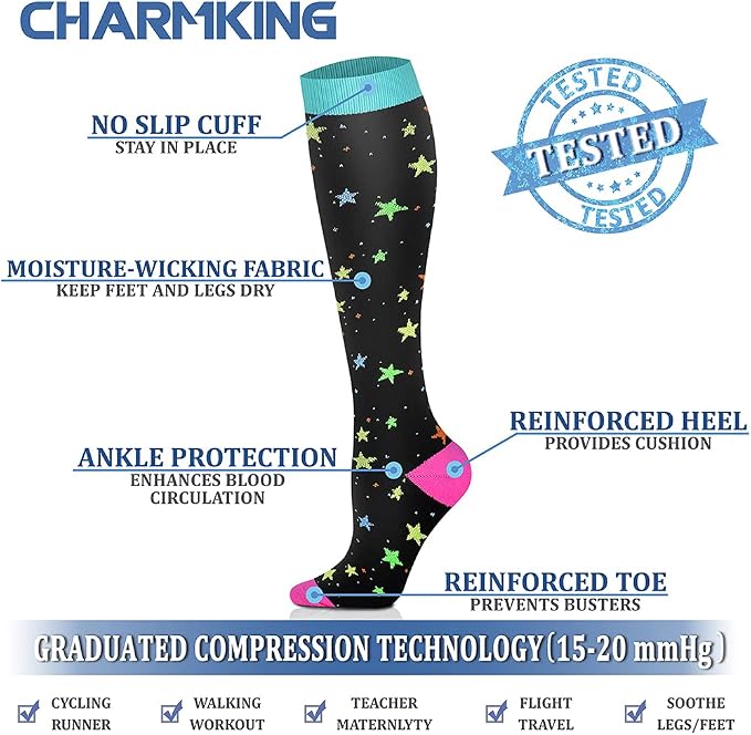 CHARMKING 6 Pairs-Compression Socks for Women & Men Circulation Best Support for Nurses, Running, Athletic,Flight Travel - Image 4