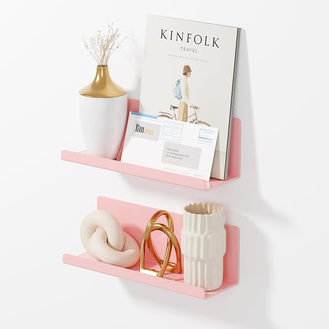 PAVSTINE Adhesive Floating Shelves for Wall No Drilling, 12 Inch Acrylic Self Adhesive Shelves, Stick on Shelves, Dorm Wall Shelf, for Bathroom, Kitchen, Bedroom, Office, Gaming Room, Pink by PAVSTINE
