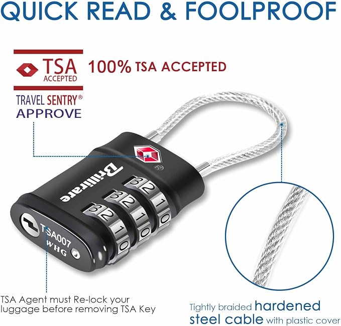 2 Pack TSA Approved Luggage Locks, Combination Travel Cable Lock, 3-Digit Waterproof Padlock, Zinc Alloy Outdoor Keyless Resettable Lock for Travel, Lockers, Bags, Backpack, Gym, Gate-by BRILLIRARE - Image 2