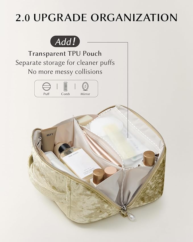 EACHY Velvet Travel Makeup Bag for Women, Flat Open Cosmetic Organizer | Velvet cosmetic organizer with two clear TPU brush pockets and extra storage for makeup, toiletries and travel essentials - Image 4