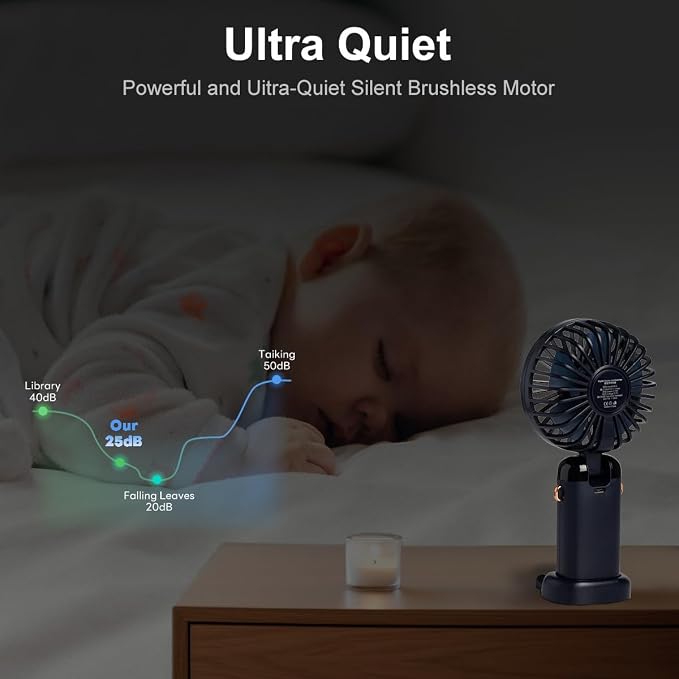 Portable Handheld Fan, 12 hours, Upgrade 3200mAh Portable Fan with LED Display, 90° Foldable, 5 Speed Wind,Hand Held/Neck/Desk 3 in 1 Personal Small Fans, Makeup Fans for Women (Dark Blue) - Image 7