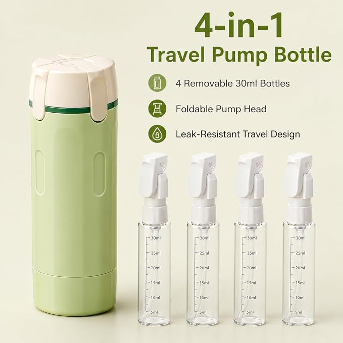 4-in-1 Detachable Travel Dispenser Bottles Set Foldable Pump Leak-Proof, Carry-On Compliant 30ml/1OZ Refillable Containers for Shampoo Lotion Body Wash with Protective Case - Image 2