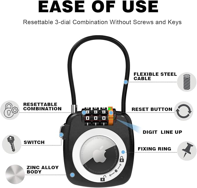 Airtag Keychain Holder with 3 Digit Combination Lock for Luggage, Suitcase, Backpack, Lockers, Travel Luggage Locks, Resettable Cable Lock with Zinc Alloy Body(Black) - Image 2