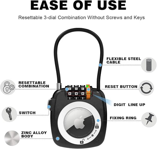Airtag Keychain Holder with 3 Digit Combination Lock for Luggage, Suitcase, Backpack, Lockers, Travel Luggage Locks, Resettable Cable Lock with Zinc Alloy Body (Gray) - Image 2