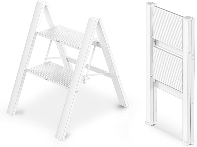 2 Step Ladder, Foldable Step Stool, 300lbs Load, White | Folded 27''H x 2''T; Net 6.6 lbs; Rigid Aluminum Steps; No Assembly; For Home, Kitchen, Office, Pantry, Closets, Cabinets by WOAWOAHOME