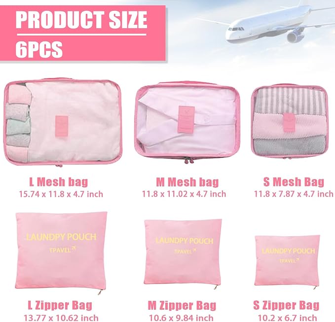 6 Set Packing Cubes for Travel Luggage Packing Bags Reusable Lightweight Suitcase Organizer Cubes Set for Travel Accessories (Pink) - Image 3