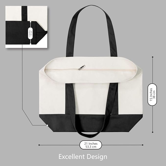 TOPDesign 3-Pack Canvas Tote Bags with an External Pocket, Reusable Grocery Shopping Bags, Top Zipper Closure, Daily Essentials (Black/Natural) - Image 5