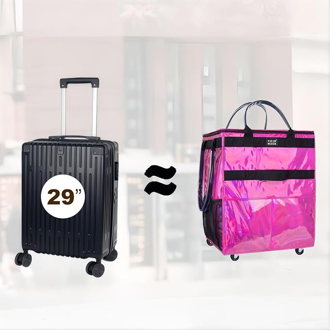 Reusable Grocery Bag with Wheels (Large, Glitter Pink), Shopping Trolley with 8 Pockets and Zipper Cover Foldable Rolling Tote for Women, Kitchen, Travel, Carries Up to 76LBS - Image 3