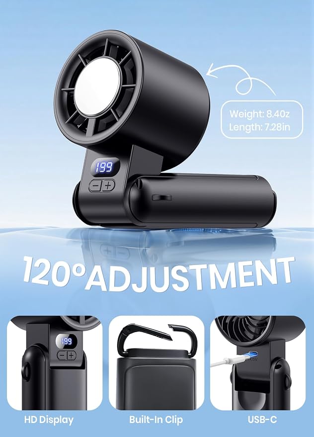 Portable Handheld Turbo Fan, 1-199 Speed Adjustable, Black | 4 IN 1 Pocket Design with LED Display, High-Power Motor, Rechargeable Battery, Mini Fans for Indoor/Outdoor/Travel/Work - Image 7