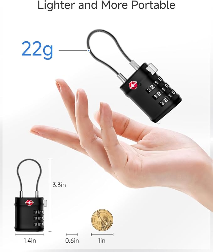 LUGGEX 4 Pack TSA Locks for Luggage, Luggage Locks TSA Approved | Suitcase Locks in Gift Box, Ultra-Light 33g Combination Cable Locks, Easy-Read Dials for Suitcase Backpack Gym, Black-Silver - Image 3