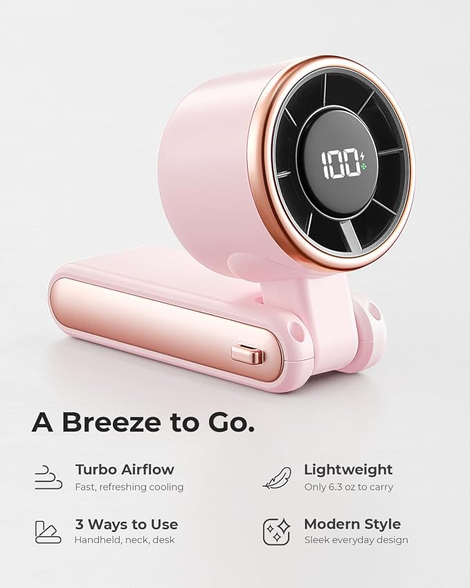 Portable Handheld Turbo Fan - 5 Gear High Speed 4000mAh Rechargeable Mini Personal Hand Fan Blow Cold Air, Battery Operated Travel Essentials, Beach Vacation, Gifts for Women, Men (Pink) - Image 2