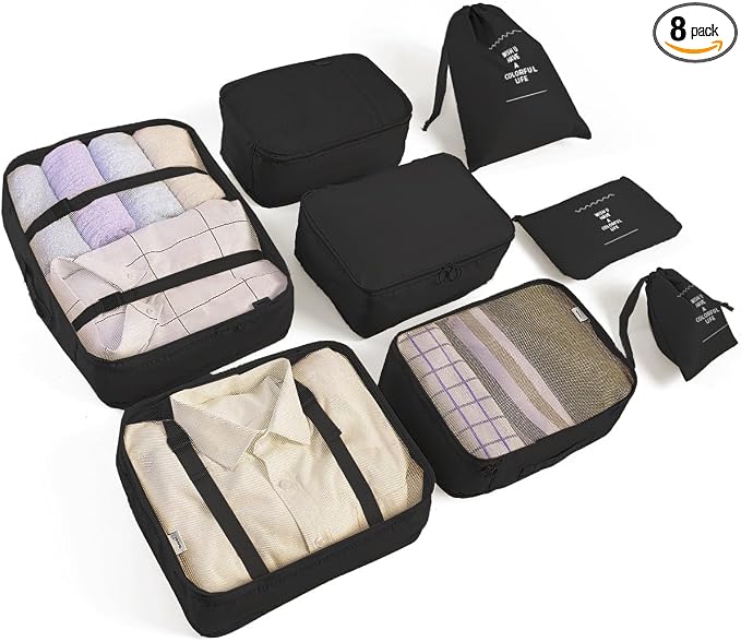 LANSKLBD 6/8 Set Packing Cubes for Suitcases Travel Luggage Packing Organizers,Travel Accessories Essentials Luggage Organizer with Shoe/Tioletry/Laundry Bag (Black, 8 set) by LANSKLBD