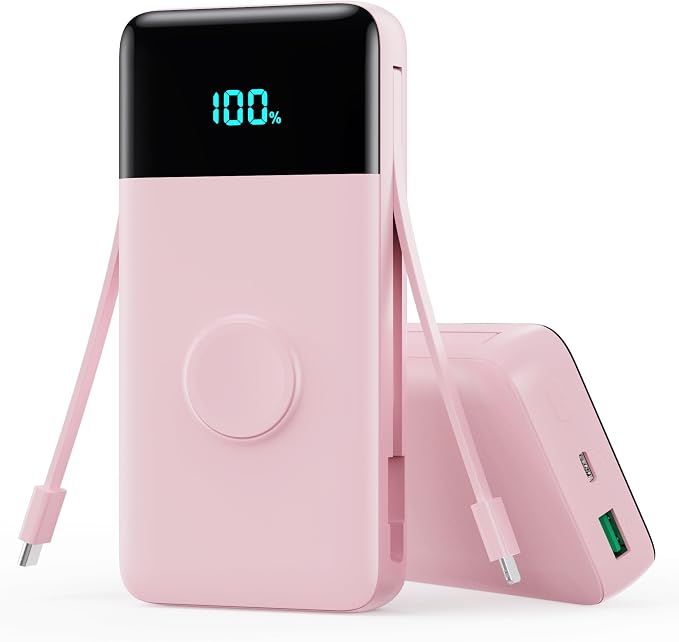 Portable Charger Power Bank 40800mAh with Built-in Cables,25W Fast Phone Charging Portable Battery Pack,5 Outputs Travel Essentials Outdoor External Battery for iPhone 17/16,Galaxy Android etc-Pink by LanLuk