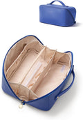 EACHY Travel Makeup Bag for Women, Flat Open Cosmetic Bag, Blue, Large | Flat-open cosmetic organizer with pockets and clear TPU brush compartment for makeup, toiletries and travel essentials by EACHY