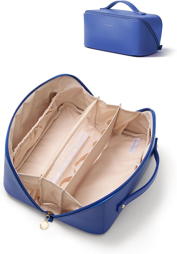 EACHY Travel Makeup Bag for Women, Flat Open Cosmetic Bag, Blue, Large | Flat-open cosmetic organizer with pockets and clear TPU brush compartment for makeup, toiletries and travel essentials by EACHY
