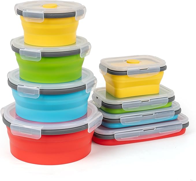 Collapsible Silicone Food Storage Containers Set with Lid & Air Vent, Foldable Lunch Containers, 16 Pack (8 Rectangular + 8 Round Bowls), BPA-Free, Space-Saving - Image 2