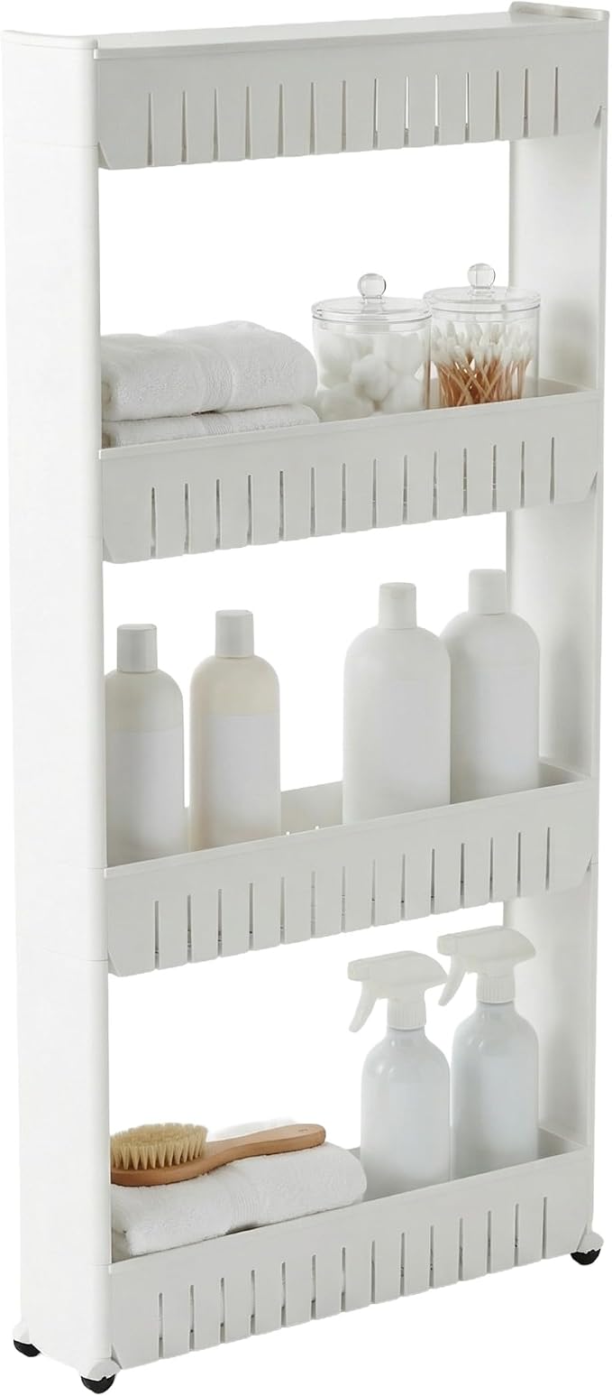 Lavish Home 4-Tier Storage Organizer Rack, White, 21.5” x 5” x 40” | Plastic Rolling Cart for Office, Dorm, Bedroom, Bathroom, and Laundry Room Organizing by LavishHomeCollection