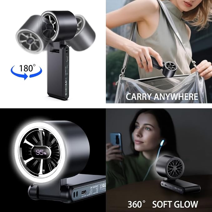 CAZOKASI Rechargeable Strong Wind Handheld Fan With Ambient Lighting 4 IN1 5000mAh Upto 22H For Desktop Waist Clip Neck (StrongWind/Black) - Image 2