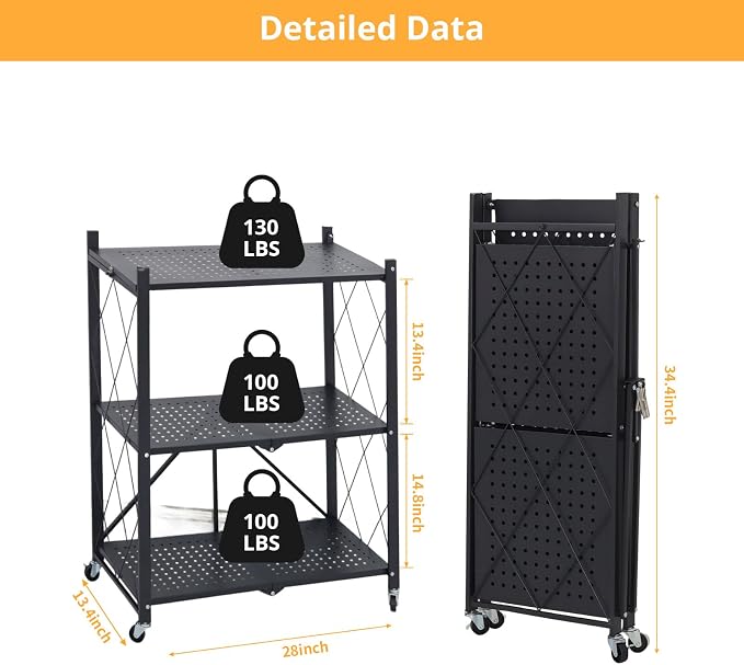 COKIHOM 3-Tier Folding Shelf, No Assembly Metal Shelving Unit with Wheels, Heavy Duty Folding Bookshelf, Space Saving Foldable Storage Shelf for Kitchen, Books, Pantry, Bathroom Organization - Image 3