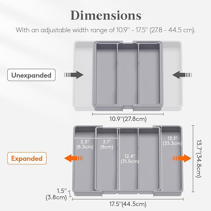 Lifewit Utensil Organizer for Kitchen Drawers, Expandable Utensil Tray | Adjustable Cooking Cutlery Silverware Flatware Holder, Plastic Spatula Tools Storage Divider, 11-18 x 14", Gray - Image 2