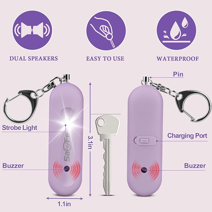 Personal Safety Alarm - Waterproof Rechargeable Security Alarm - 140dB Extra Loud Siren & Strobe Light - Self Defense Keychain - Gift for Women, Teenagers, College Girls, Seniors(Wisteria) - Image 3