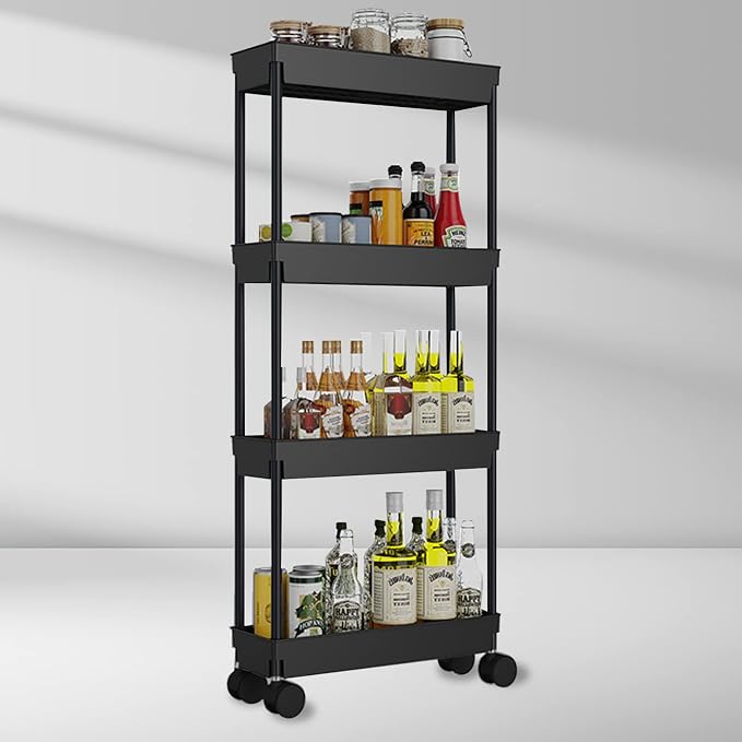 4 Tier Kitchen Bathroom Storage Rolling Cart 39 Inches Tall Slim Utility Rolling Shelf Cart with Wheels Coner Storage Shelves Cart, Black - Image 6