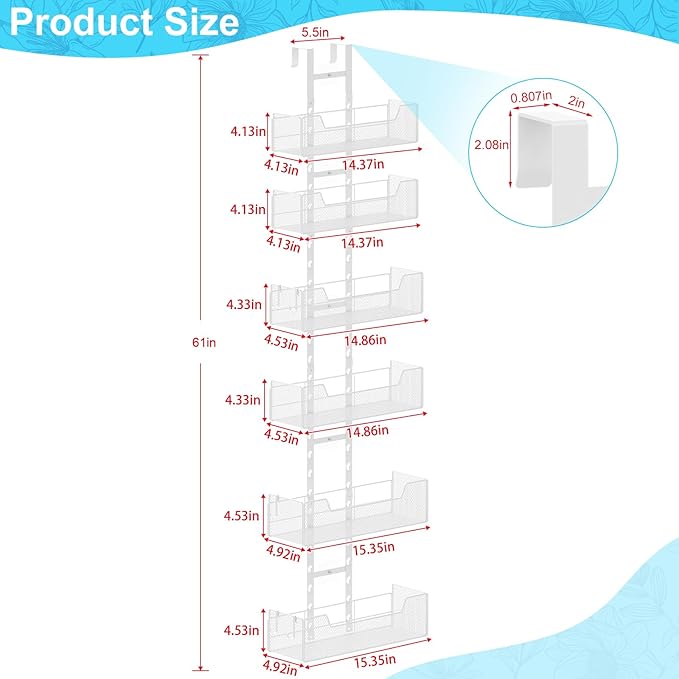 Hongtamoya Over The Door Organizer, Metal Hanging Door Organizer with 6 Adjustable Baskets and 5 Hooks, Behind The Door Storage for Closet Cabinet Kitchen Bathroom Bedroom Pantry Door Organizer, White - Image 2