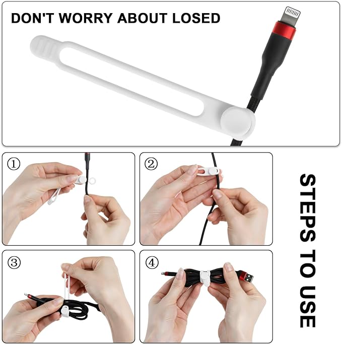 Silicone Cable Ties, Cord Organizer Cable Management, Black White | Reusable Cord Ties for Electronics, Office Desk Accessories, Home Travel Essentials, Easy to Use, 4.2 Inch-16 Pack - Image 3