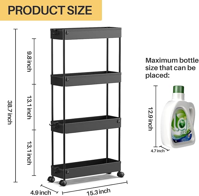 SPACEKEEPER Slim Rolling Storage Cart, 4 Tier Bathroom Cart Organizer,Black | Narrow Rolling Cart with Wheels for Kitchen Office Bathroom Laundry Room,Mobile Utility Cart for Craft Art Makeup Nail Polish - Image 2