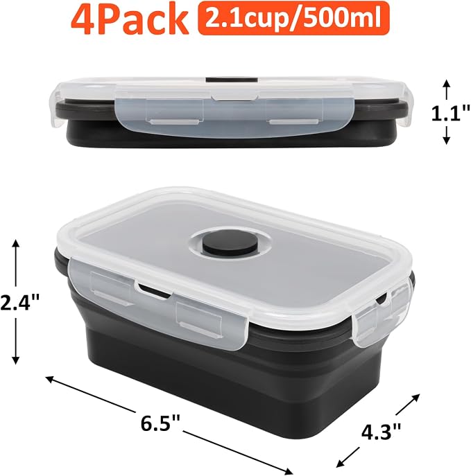 Collapsible Silicone Food Storage Containers Set with Lid & Air Vent,Foldable Lunch Containers(4PCS,Black,17oz) - Image 3
