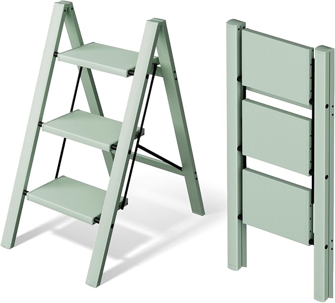 Mayi Plus 3 Step Stool Foldable, Aluminum, Lightweight Step Ladder | Extra-wide anti-slip folding steps with 330 lbs, for home,kitchen,office,outdoor,Green by MAYIPLUS