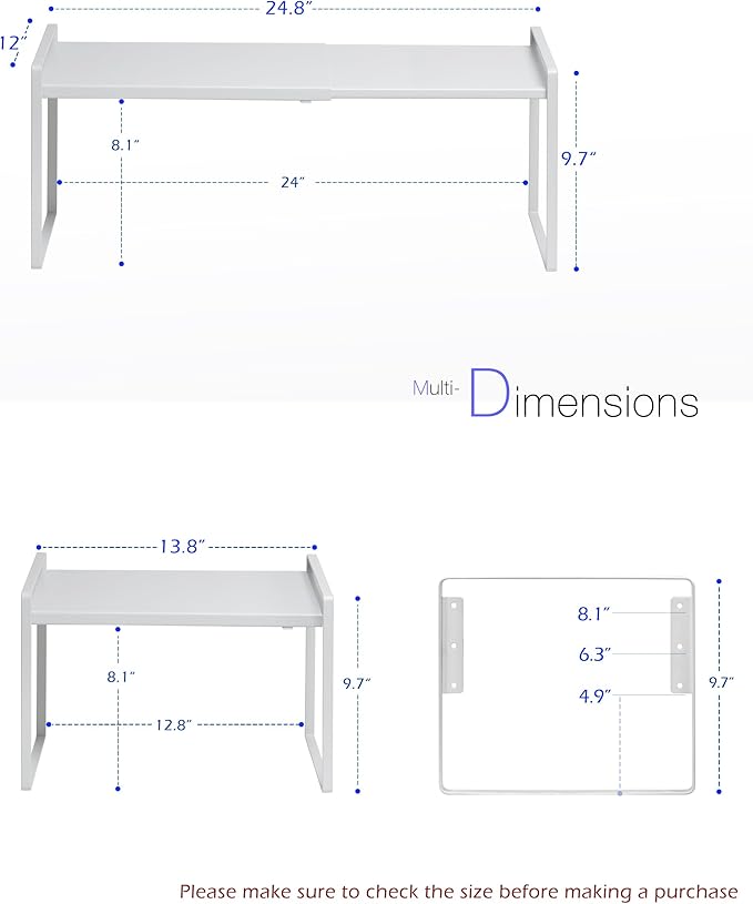 Nxconsu Cabinet Shelf Riser, Adjustable Cabinet Organizer, 12" Deep White | Heavy-Duty Metal Expandable Shelf Holds 50 lb with 3 Height Levels for Kitchen Cabinet Cupboard Pantry Dish Mug - Image 3