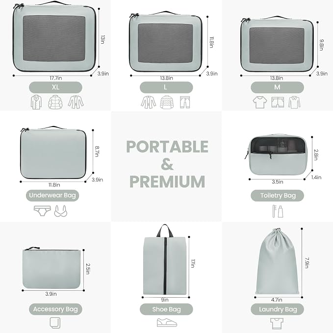 Mesh Packing Cubes for Travel, Durable Luggage Organizer with Sturdy Material and Double Zippers, Comprehensive Set for Travel Accessories Storage, 8 set, mint - Image 2
