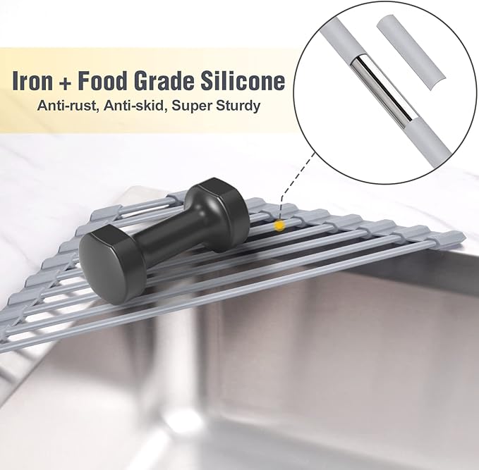 Tomorotec Triangle Roll Up Dish Drying Rack with Silicone Coating, Gray | 304 Stainless Steel with BPA-Free Silicone, Triangle Design Maximizes Sink Corner Space, Fits Compact Kitchens And RVs - Image 3