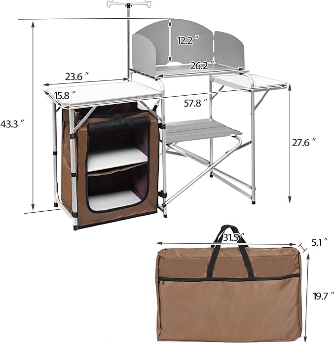 CampLand Folding Camping Kitchen Table with Windscreen,Portable Outdoor Cooking Station with Storage Cabinet & Side Tables Heavy Duty Camp Cook Station for Camping & BBQ（White） - Image 3