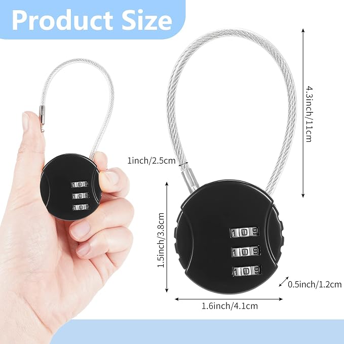 8 Pack 3 Digit Combination Cable Padlock,Black Color | Resettable for Gym Locker Luggage Backpack, Waterproof Outdoor Security, Small Combo Lock for Travel School Storage - Image 2