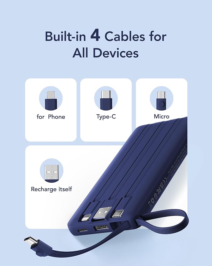 VRURC Portable Charger, Built in 4 Cables & Lanyard Power Bank 10000mAh | Compact USB C Phone Charging Bank 5 Outputs for Multi Devices,Travel Essential for Hiking Camping Business-Navy(1 Pack) - Image 3