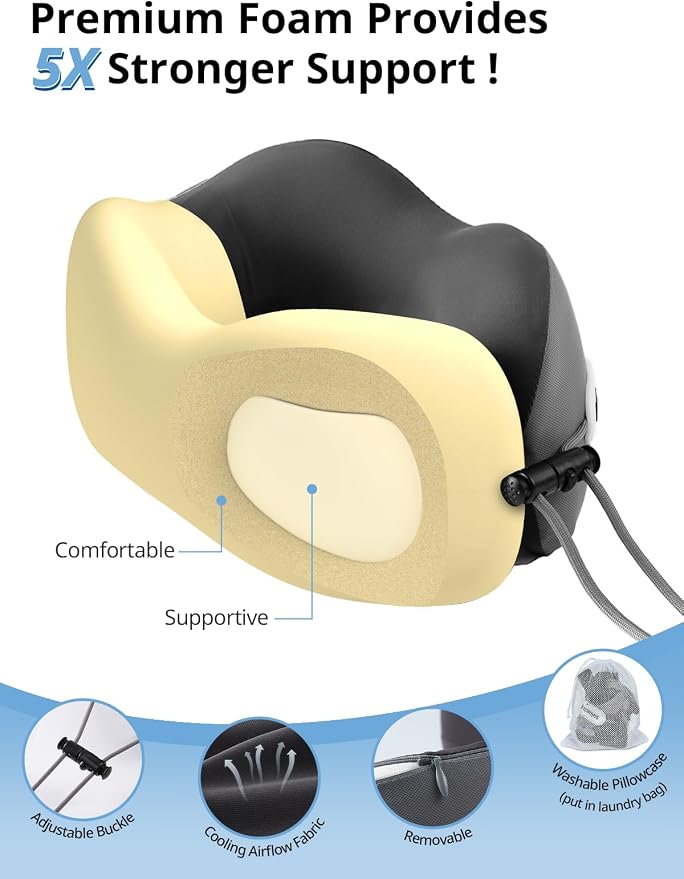 Travel Neck Pillow Seat Strap System, Long Flight Stable Support | High Supportive Foam Airplane Pillow, 3D Sleep Mask, 360° Headrest, Sleep Support, Stop Bobblehead Travel Essential, Grey - Image 5
