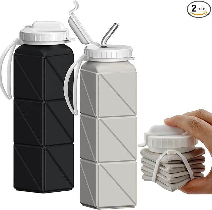 BEAUTAIL Collapsible Water Bottles with Straw 21 oz, Travel Water Bottle | BPA Free, Leakproof & Reusable, Silicone Foldable Water Bottle for Traveling, Hiking, School, Sport, 2-Pack, Black+Starlight by BEAUTAIL