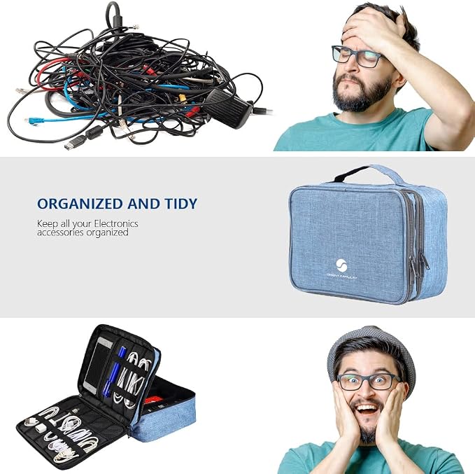 Travel Electronics Organizer, Waterproof Cable Organizer Bag for Electronic Accessories Double Layer Large Shockproof Cable Storage Bag for Cord, Power Bank, Tablet(Up to iPad 11 inch) - Denim blue - Image 5