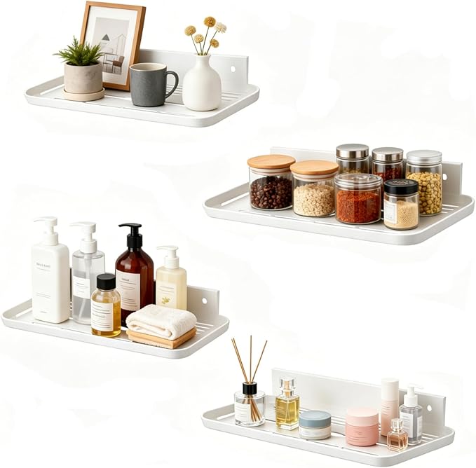 Floating Shelves for Wall, Wall Mounted Floating Shelves, Bathroom Shelf Bedroom Kitchen Living Room Hanging Storage Shelves, Room Decor (4, White) by Laoyello